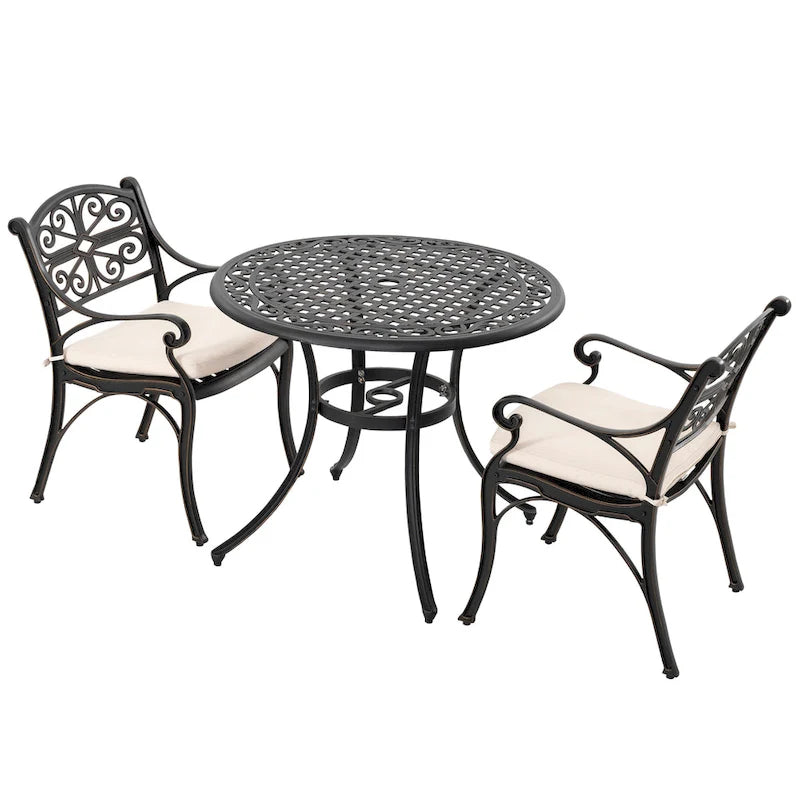 Outdoor Cast Aluminum Bistro Set of 3 with Umbrella Hole and Cushions