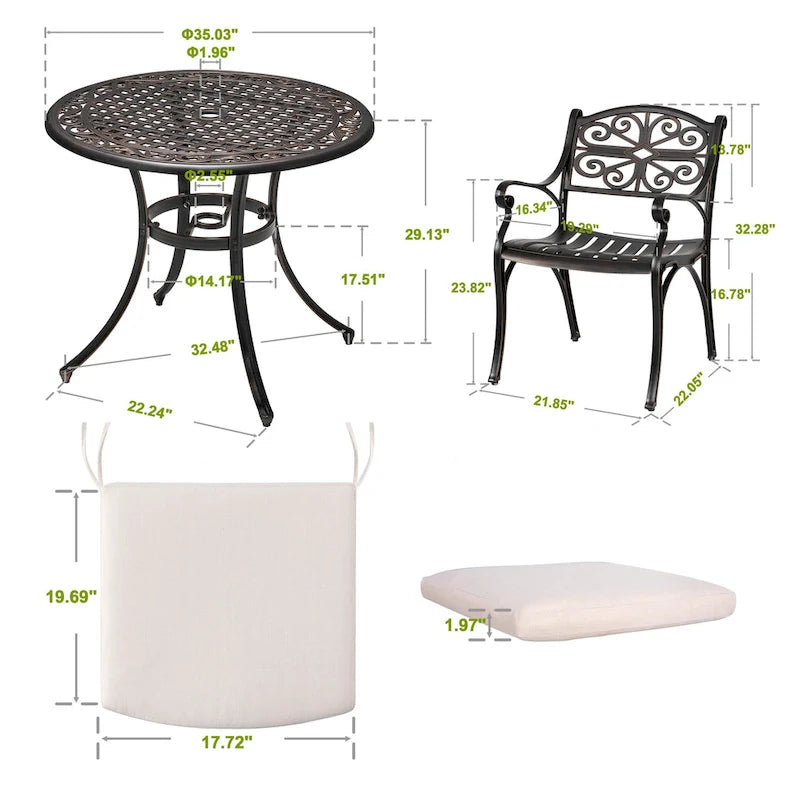 Outdoor Cast Aluminum Bistro Set of 3 with Umbrella Hole and Cushions