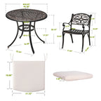 Outdoor Cast Aluminum Bistro Set of 3 with Umbrella Hole and Cushions