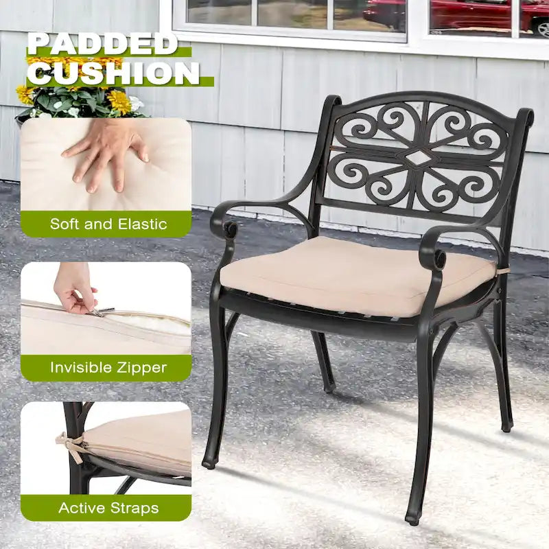 Outdoor Cast Aluminum Bistro Set of 3 with Umbrella Hole and Cushions