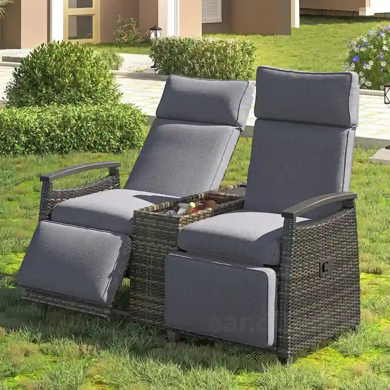 Rattan Recliner Loveseat Chair With Adjustable Backrest