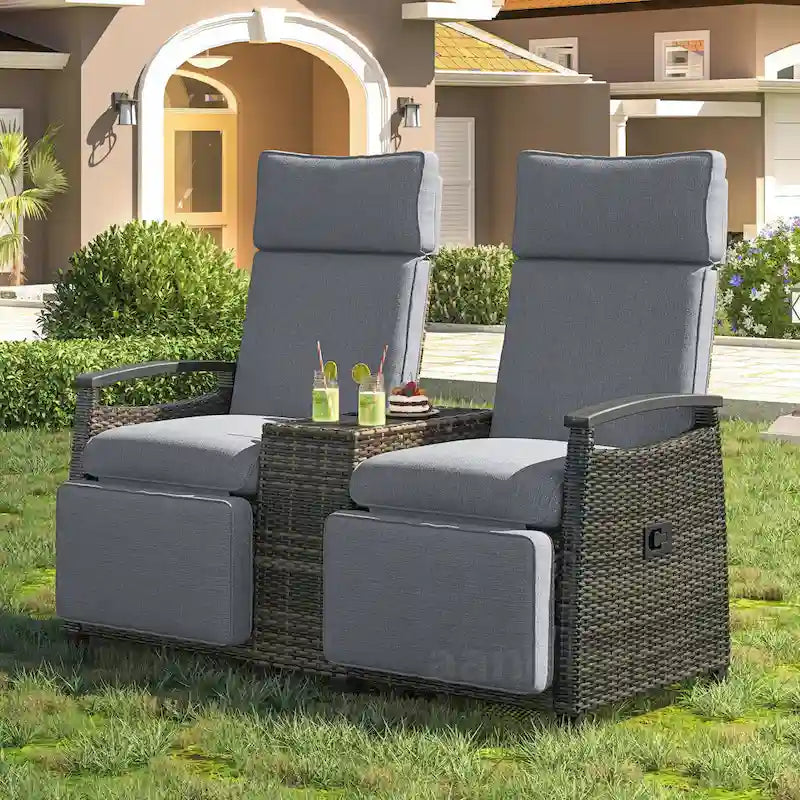 Rattan Recliner Loveseat Chair With Adjustable Backrest