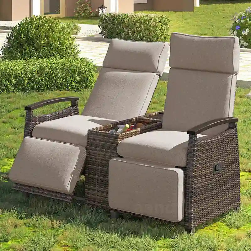 Rattan Recliner Loveseat Chair With Adjustable Backrest