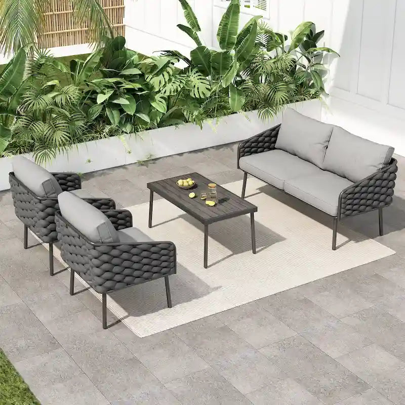 Roomfitters 4-Piece Outdoor Metal Patio Sofa Set with Cushions, Deep Seating Furniture for Garden or Balcony, Grey