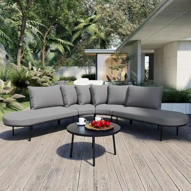 Iron Curved Sectional Sofa Set with Table and Cushions