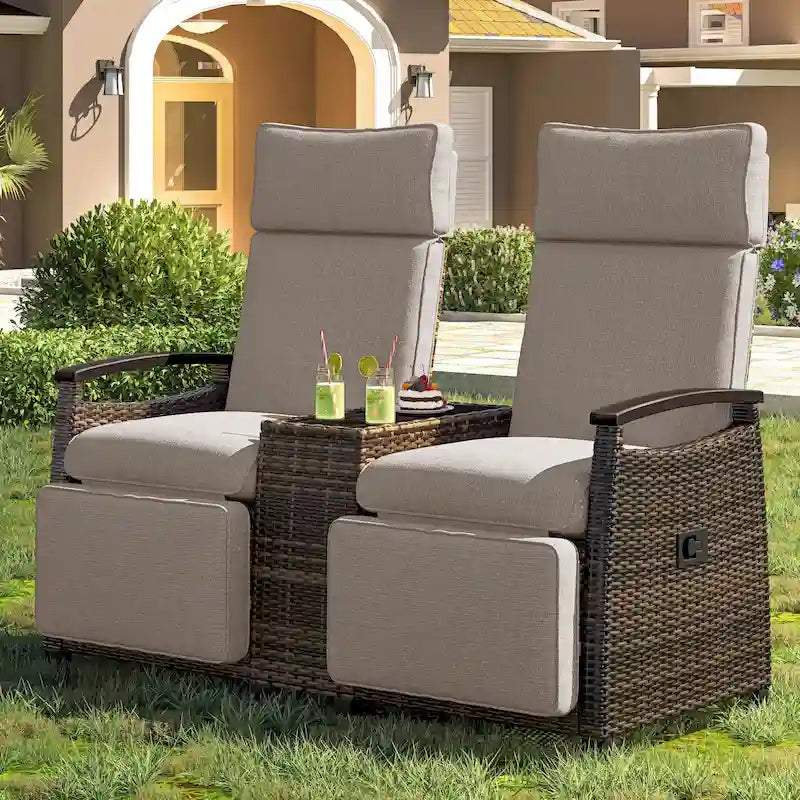 Wicker Recliner Loveseat Chair Set with Storage Table