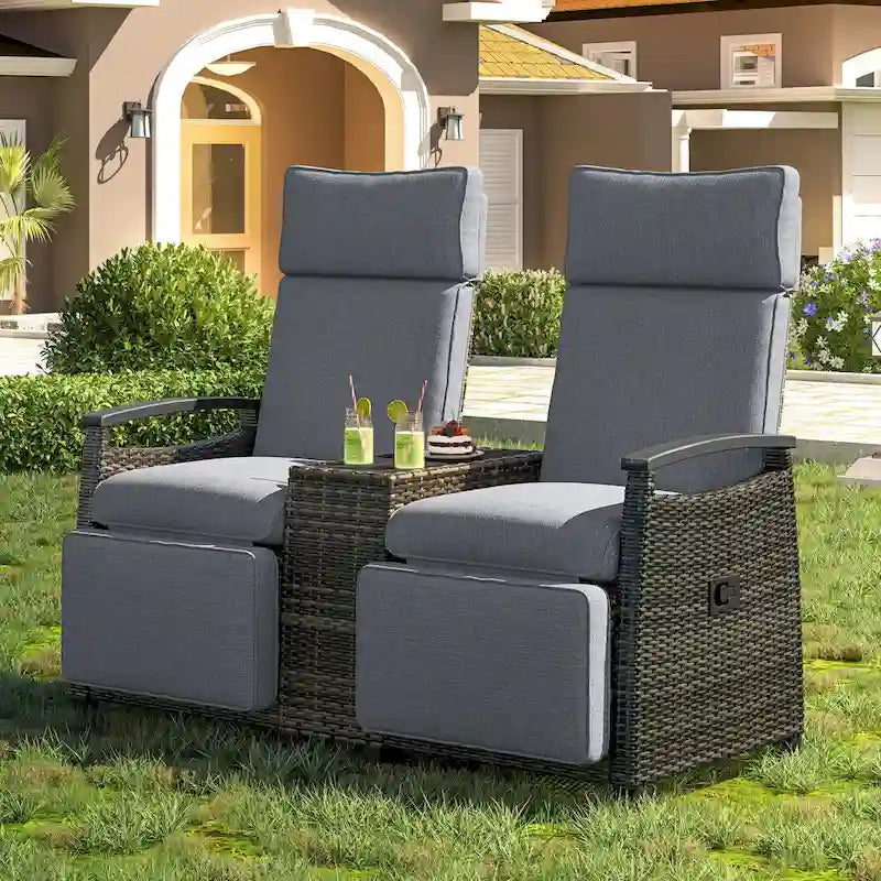 Wicker Recliner Loveseat Chair Set with Storage Table