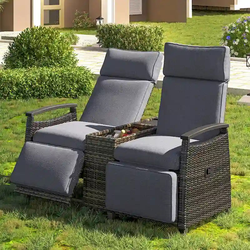 Wicker Recliner Loveseat Chair Set with Storage Table