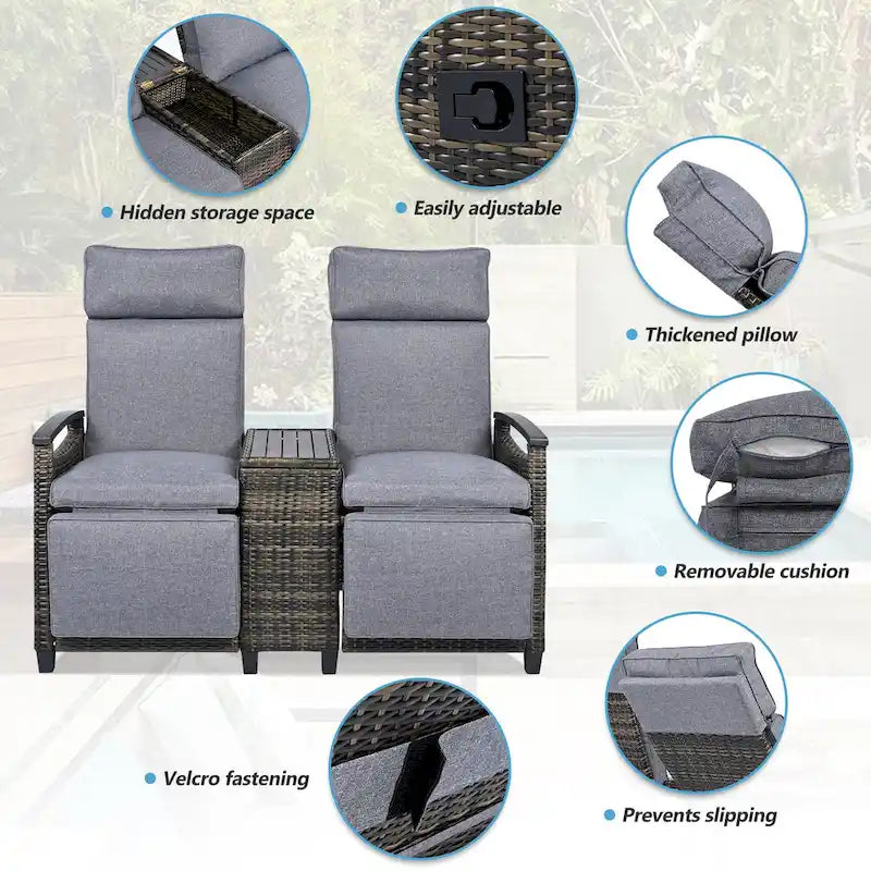 Wicker Recliner Loveseat Chair Set with Storage Table