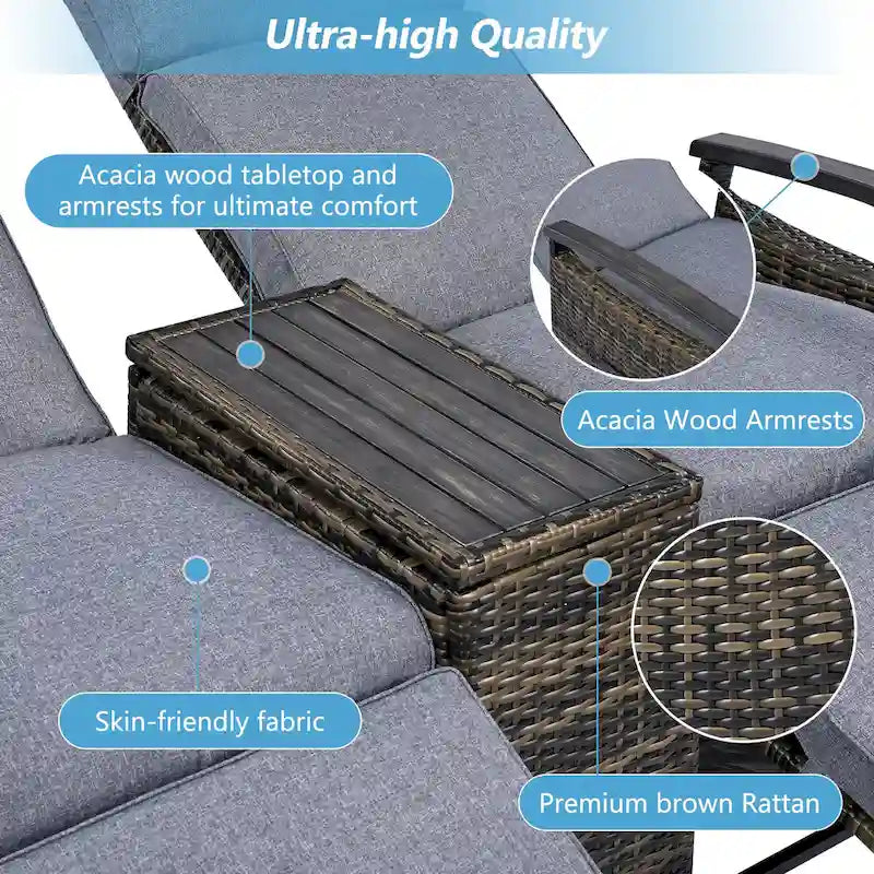 Wicker Recliner Loveseat Chair Set with Storage Table