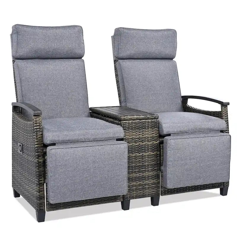 Wicker Recliner Loveseat Chair Set with Storage Table