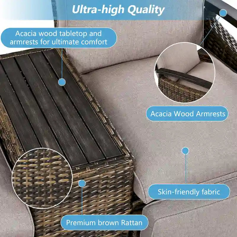 Wicker Recliner Loveseat Chair Set with Storage Table
