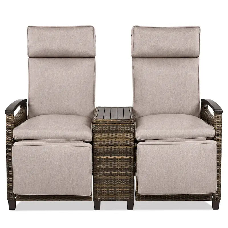 Wicker Recliner Loveseat Chair Set with Storage Table