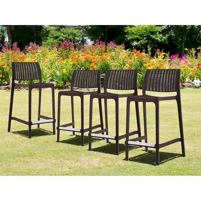 HomeRoots Set of Four 26   Brown Faux Rattan Heavy Duty Plastic Low Back Outdoor Counter Height Bar Chairs