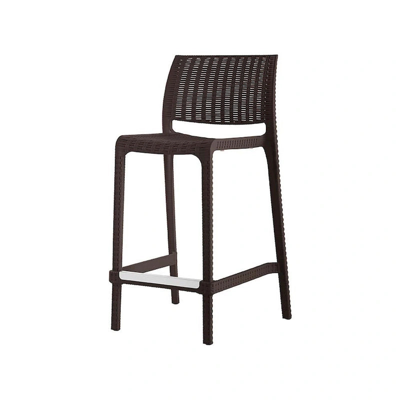 HomeRoots Set of Four 26   Brown Faux Rattan Heavy Duty Plastic Low Back Outdoor Counter Height Bar Chairs