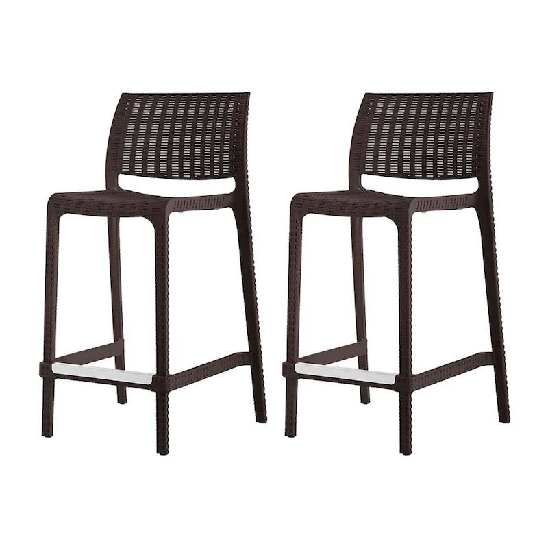 HomeRoots Set of Four 26   Brown Faux Rattan Heavy Duty Plastic Low Back Outdoor Counter Height Bar Chairs