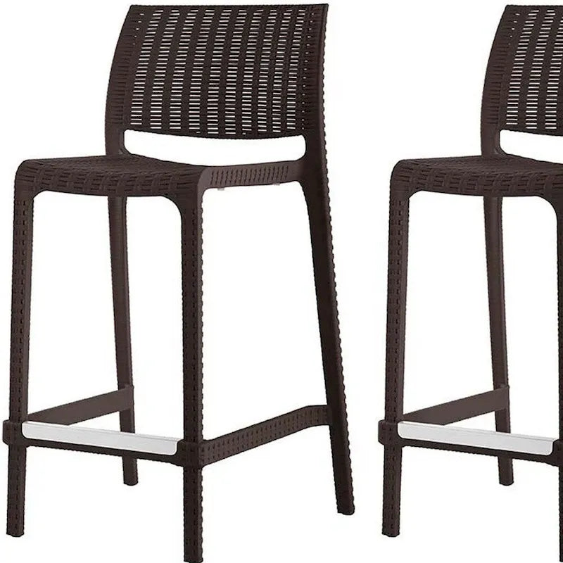 HomeRoots Set of Four 26   Brown Faux Rattan Heavy Duty Plastic Low Back Outdoor Counter Height Bar Chairs