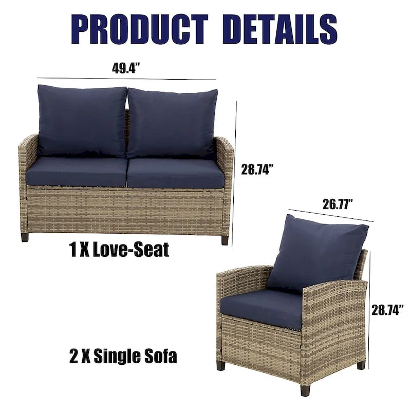 4-Piece Outdoor Wicker Patio Seating Sofa, 1 Love-seat and 2 Single Sofa