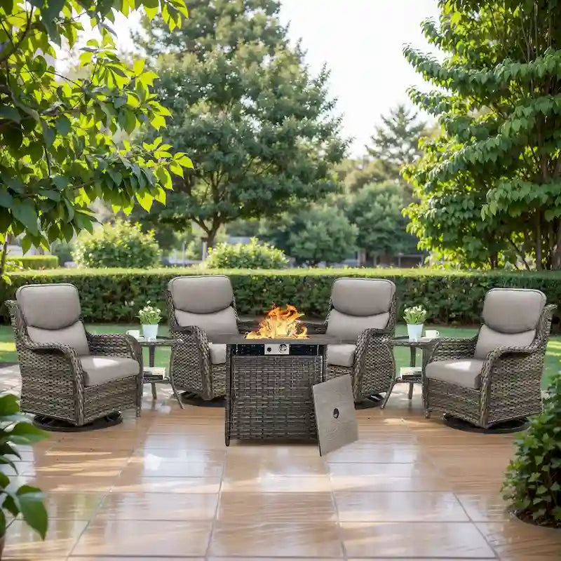 7 Pieces Outdoor Gliders Chairs Table Fire Pit Table with 5-Inch Thick Cushions