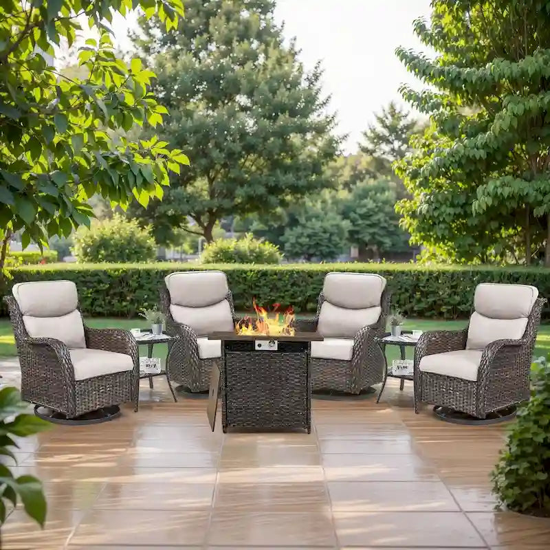 7 Pieces Outdoor Gliders Chairs Table Fire Pit Table with 5-Inch Thick Cushions