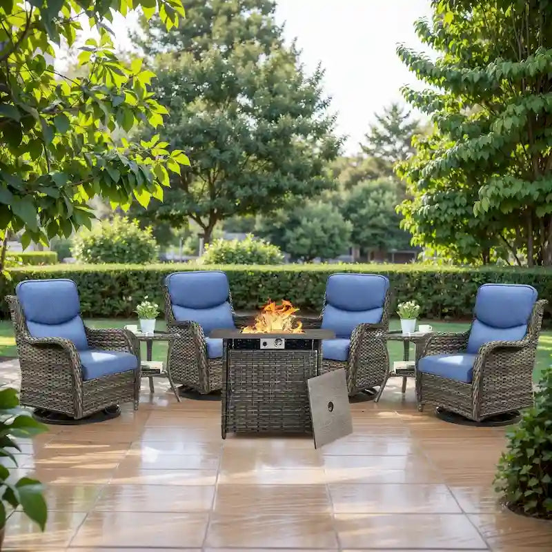 7 Pieces Outdoor Gliders Chairs Table Fire Pit Table with 5-Inch Thick Cushions