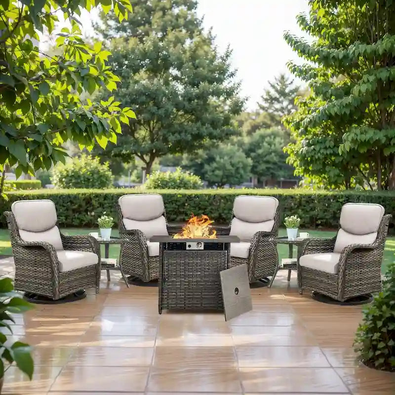 7 Pieces Outdoor Gliders Chairs Table Fire Pit Table with 5-Inch Thick Cushions