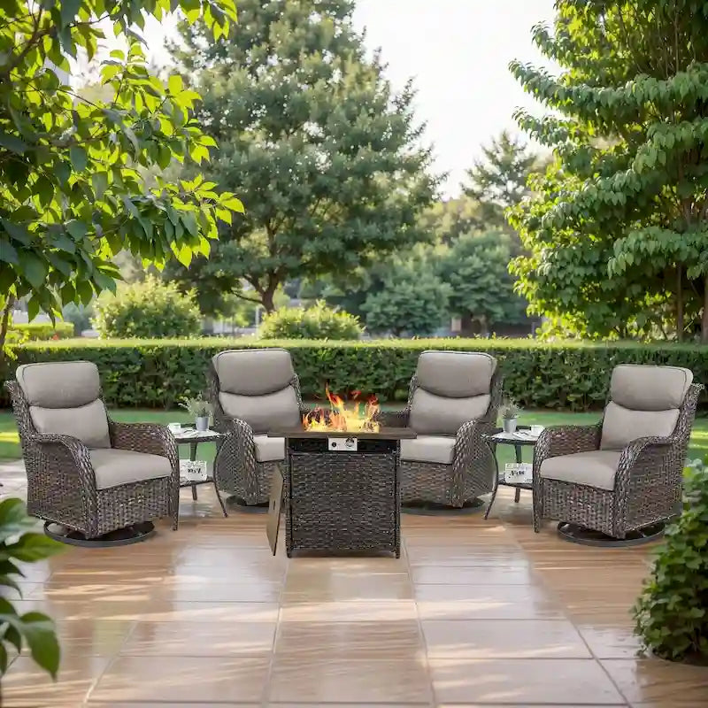 7 Pieces Outdoor Gliders Chairs Table Fire Pit Table with 5-Inch Thick Cushions