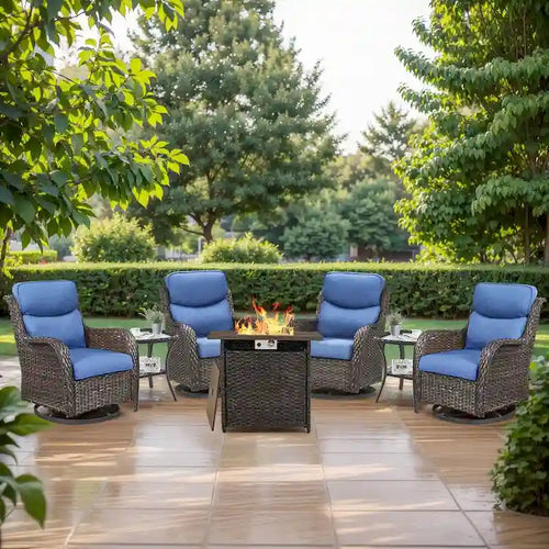 7 Pieces Outdoor Gliders Chairs Table Fire Pit Table with 5-Inch Thick Cushions