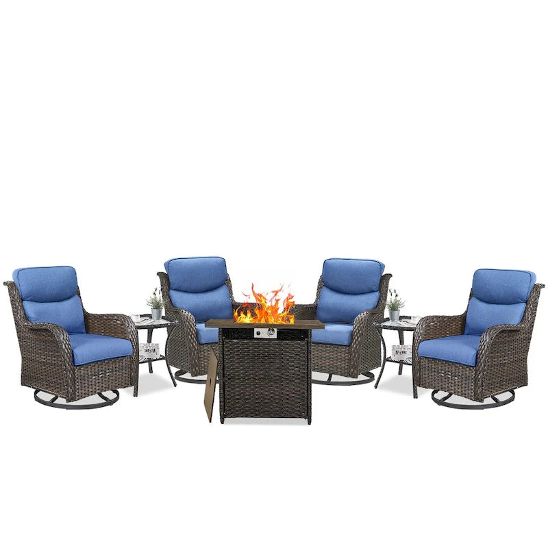 7 Pieces Outdoor Gliders Chairs Table Fire Pit Table with 5-Inch Thick Cushions