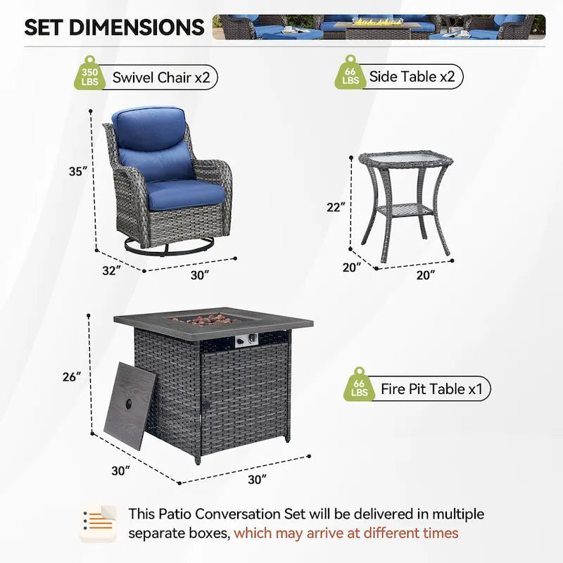 7 Pieces Outdoor Gliders Chairs Table Fire Pit Table with 5-Inch Thick Cushions