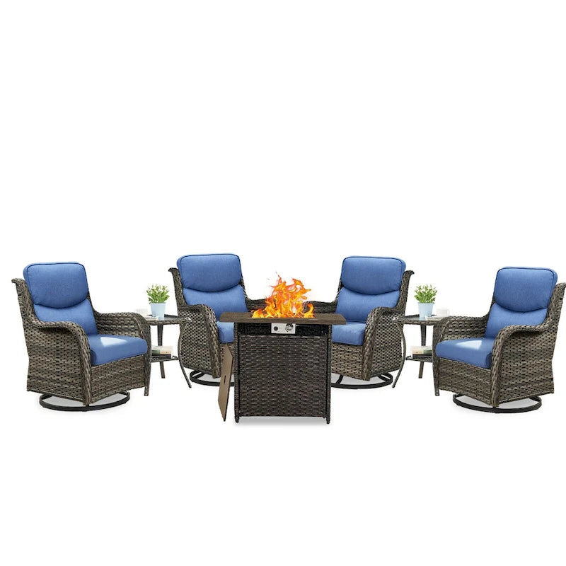 7 Pieces Outdoor Gliders Chairs Table Fire Pit Table with 5-Inch Thick Cushions