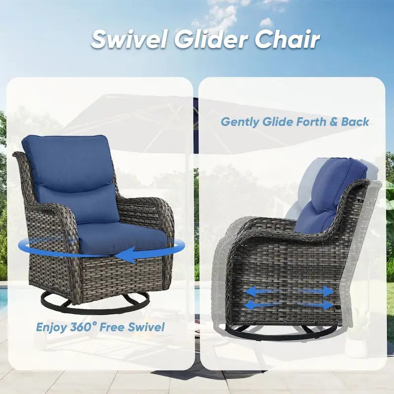 7 Pieces Outdoor Gliders Chairs Table Fire Pit Table with 5-Inch Thick Cushions