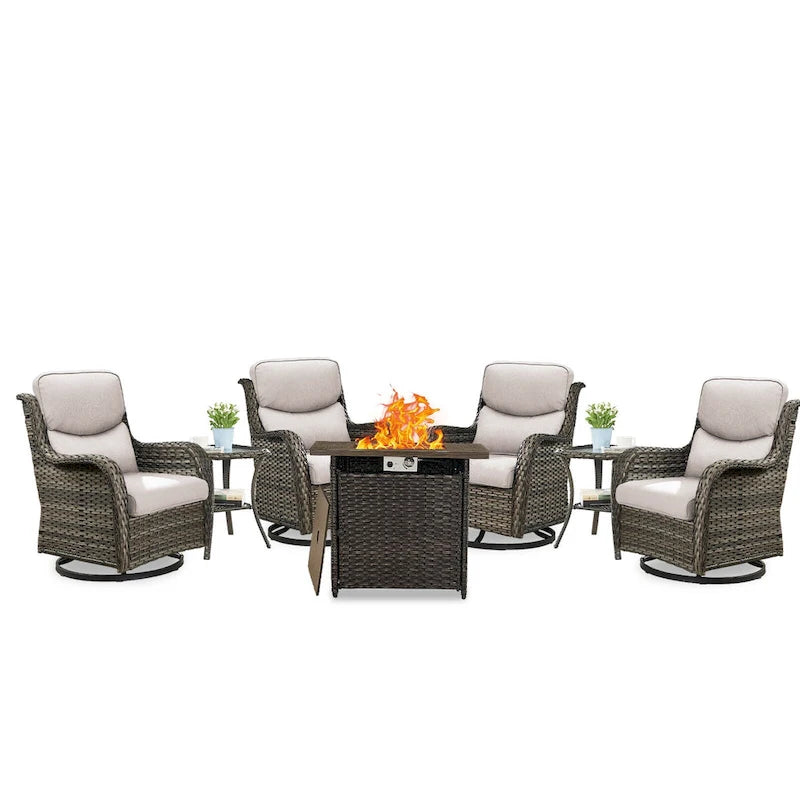 7 Pieces Outdoor Gliders Chairs Table Fire Pit Table with 5-Inch Thick Cushions