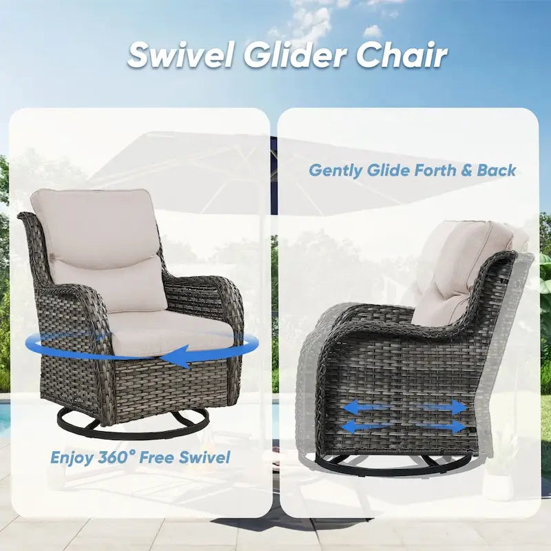 7 Pieces Outdoor Gliders Chairs Table Fire Pit Table with 5-Inch Thick Cushions