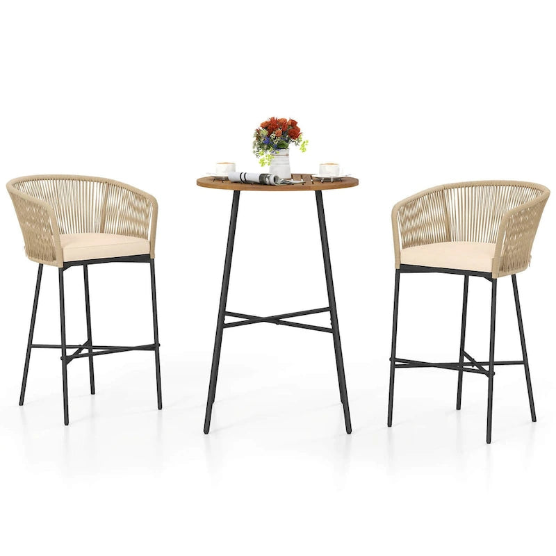 Costway 3 PCS Rope Woven Patio Bar Set with Soft Cushions and Acacia - See Details