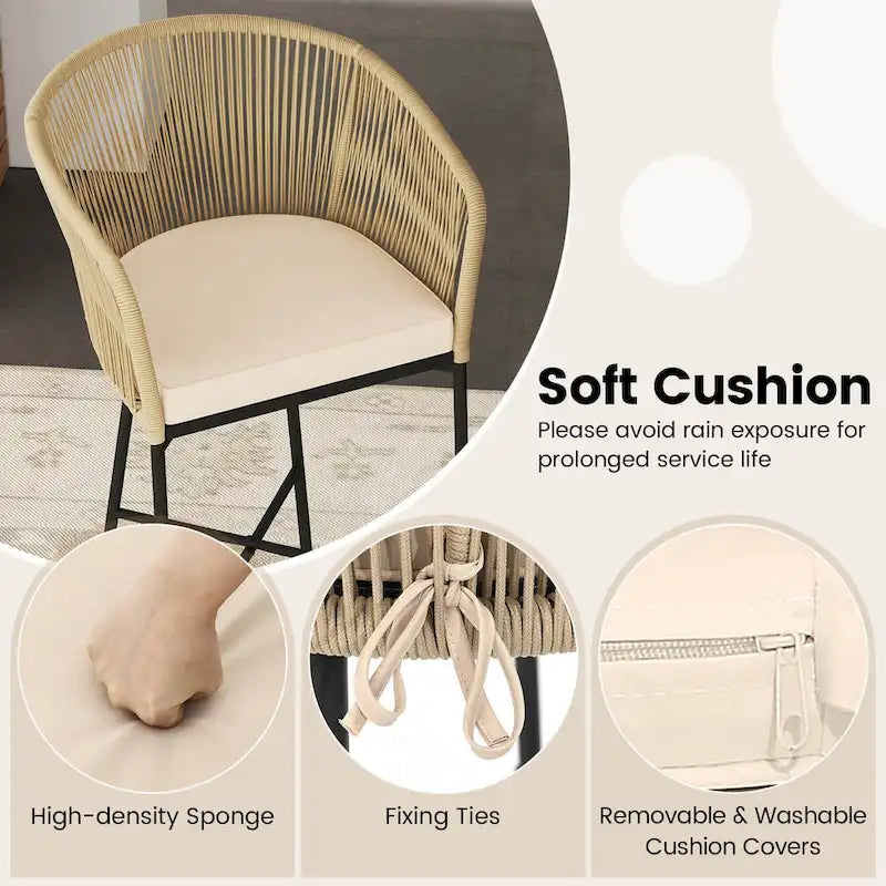 Costway 3 PCS Rope Woven Patio Bar Set with Soft Cushions and Acacia - See Details
