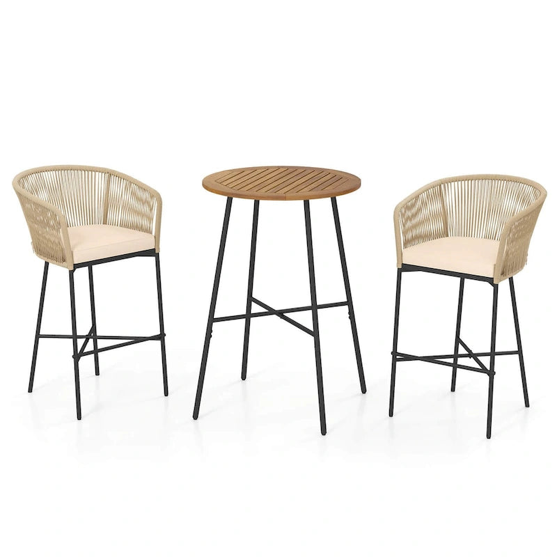 Costway 3 PCS Rope Woven Patio Bar Set with Soft Cushions and Acacia - See Details