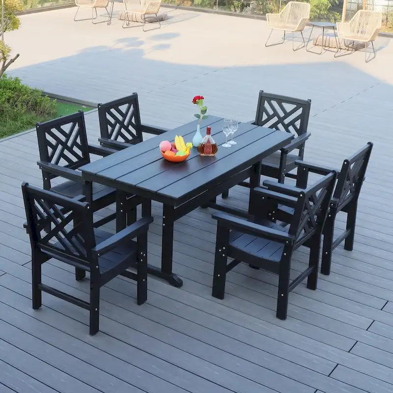 7 Piece HDPE Dining Table and 6 Chair with Umbrella Hole Casual Dining Set Outdoor Patio Poolside Picnic Beer Table