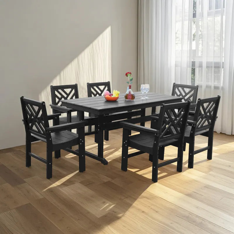 7 Piece HDPE Dining Table and 6 Chair with Umbrella Hole Casual Dining Set Outdoor Patio Poolside Picnic Beer Table