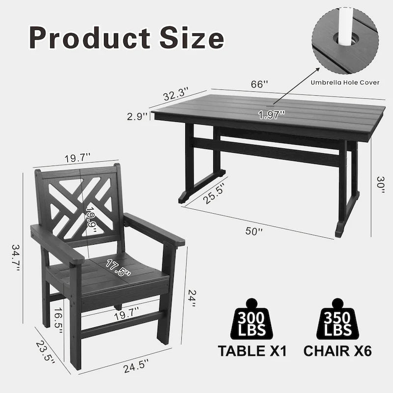 7 Piece HDPE Dining Table and 6 Chair with Umbrella Hole Casual Dining Set Outdoor Patio Poolside Picnic Beer Table