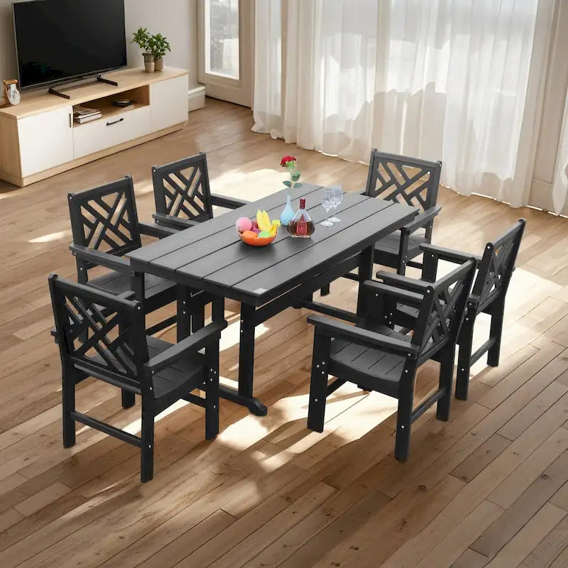 7 Piece HDPE Dining Table and 6 Chair with Umbrella Hole Casual Dining Set Outdoor Patio Poolside Picnic Beer Table