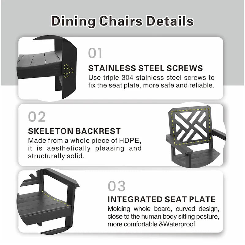 7 Piece HDPE Dining Table and 6 Chair with Umbrella Hole Casual Dining Set Outdoor Patio Poolside Picnic Beer Table