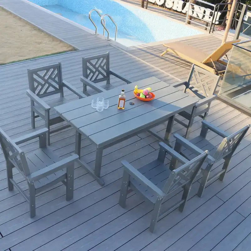7 Piece HDPE Dining Table and 6 Chair with Umbrella Hole Casual Dining Set Outdoor Patio Poolside Picnic Beer Table