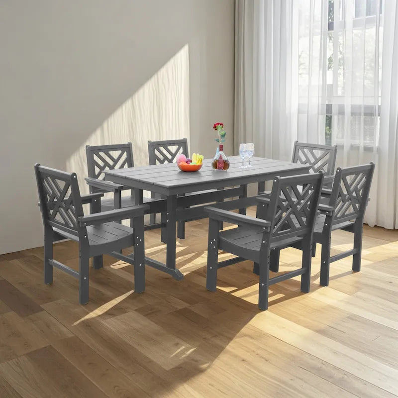 7 Piece HDPE Dining Table and 6 Chair with Umbrella Hole Casual Dining Set Outdoor Patio Poolside Picnic Beer Table