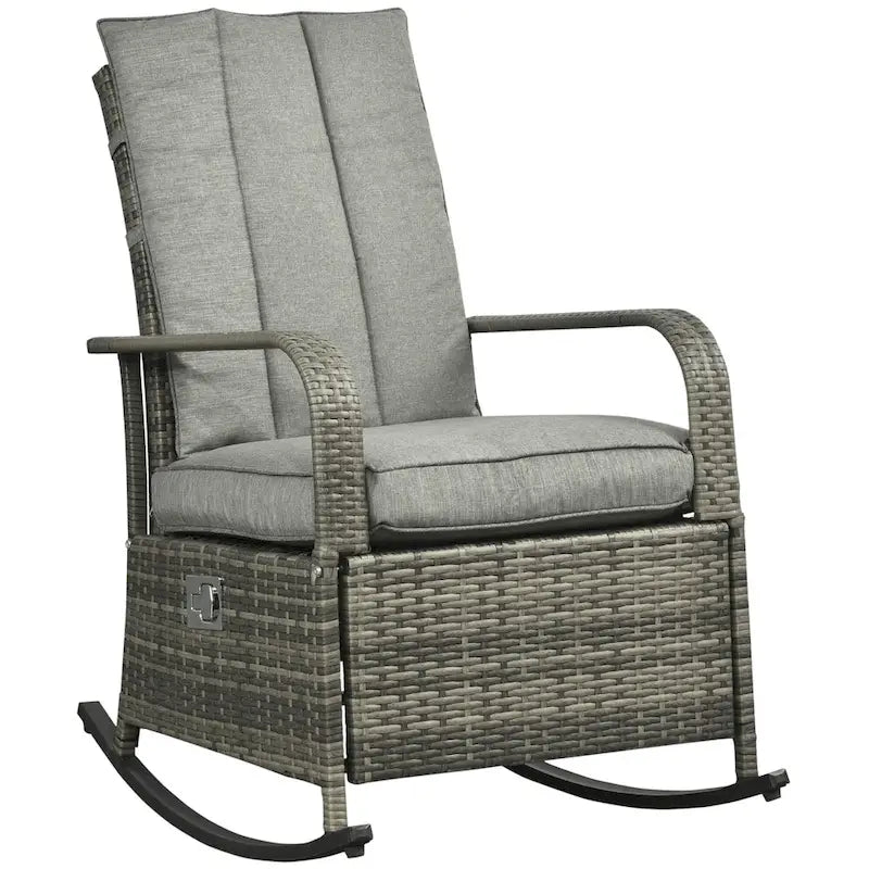 Outdoor Rattan Rocking Chair Patio Recliner with Soft Cushions, Adjustable Footrest, Max. 135 Degree Backrest, PE Wicker