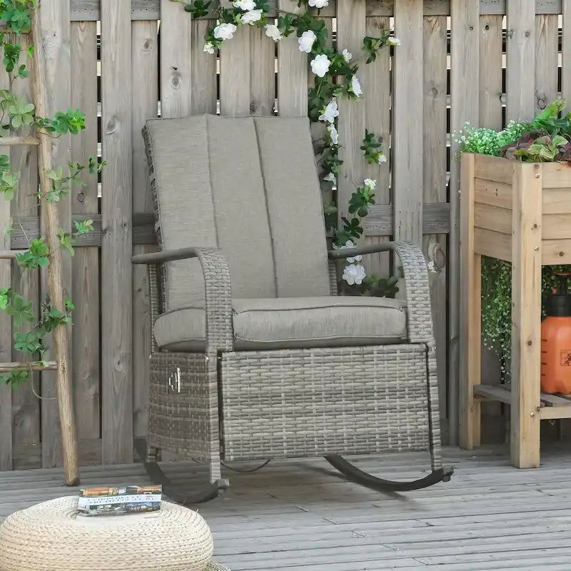 Outdoor Rattan Rocking Chair Patio Recliner with Soft Cushions, Adjustable Footrest, Max. 135 Degree Backrest, PE Wicker