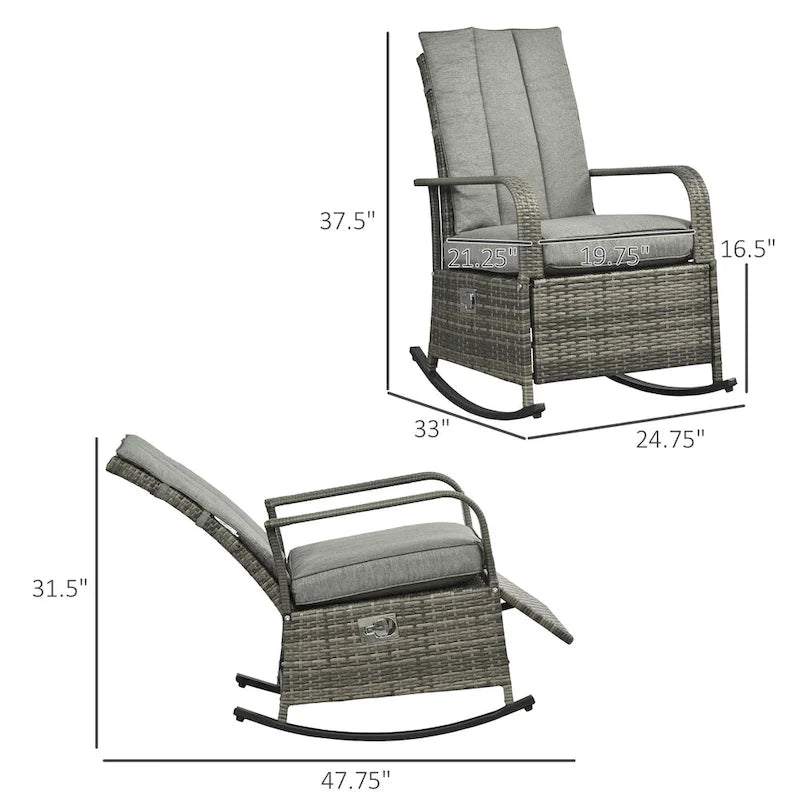 Outdoor Rattan Rocking Chair Patio Recliner with Soft Cushions, Adjustable Footrest, Max. 135 Degree Backrest, PE Wicker