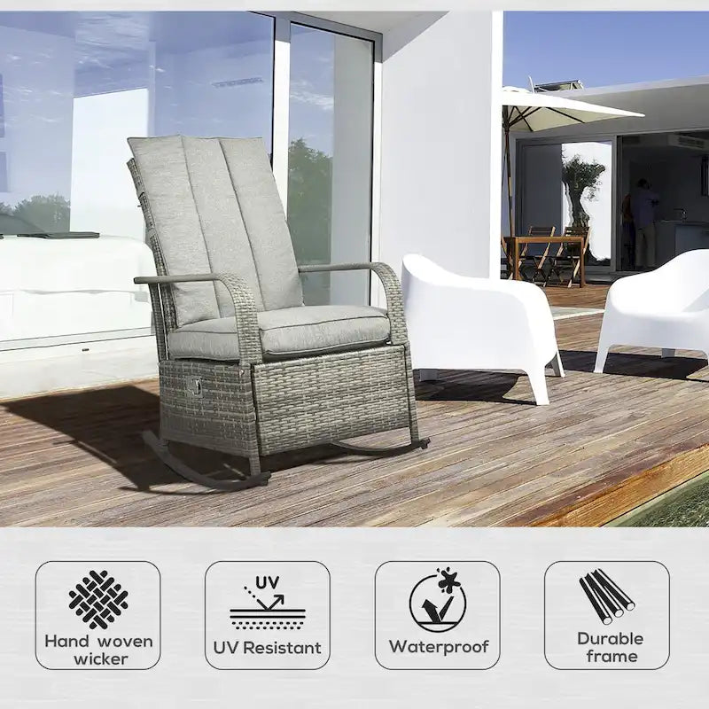 Outdoor Rattan Rocking Chair Patio Recliner with Soft Cushions, Adjustable Footrest, Max. 135 Degree Backrest, PE Wicker