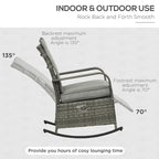 Outdoor Rattan Rocking Chair Patio Recliner with Soft Cushions, Adjustable Footrest, Max. 135 Degree Backrest, PE Wicker