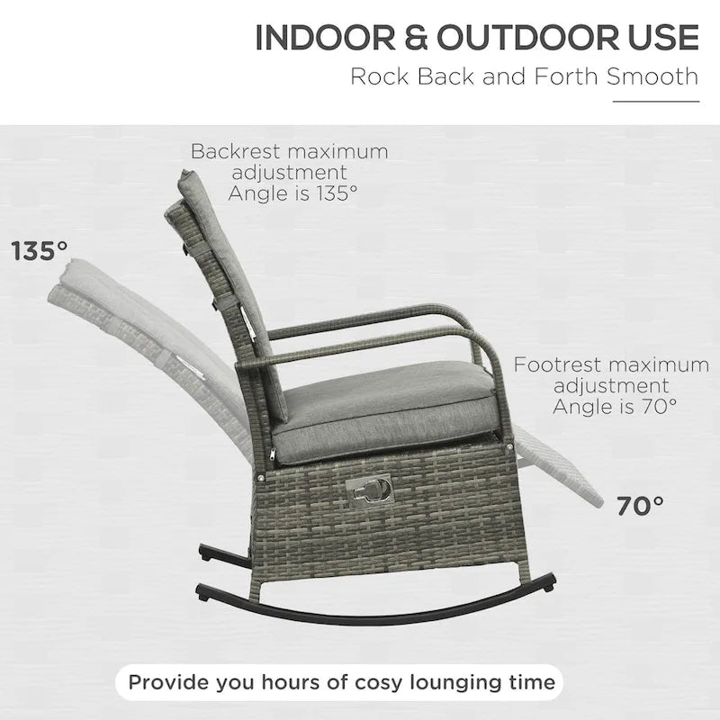 Outdoor Rattan Rocking Chair Patio Recliner with Soft Cushions, Adjustable Footrest, Max. 135 Degree Backrest, PE Wicker
